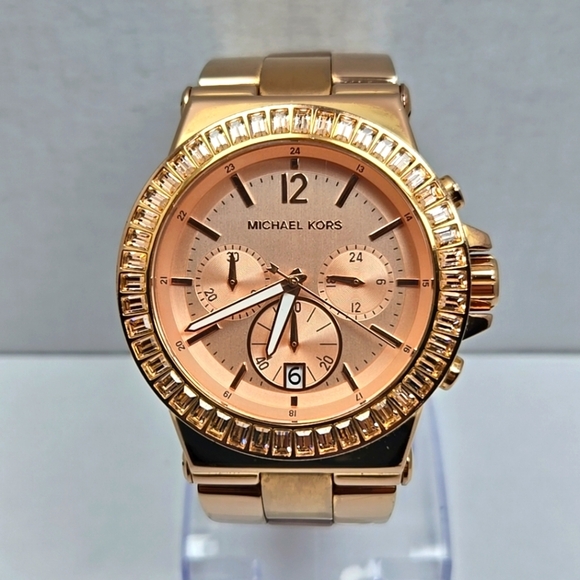Michael Kors Dylan Rose Gold Chronograph Date Watch Baguette MK New Battery - Picture 1 of 10